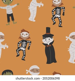 Halloween seamless pattern with kids in costumes. Pattern for scrapbooking, wallpaper, children's and children's clothing.