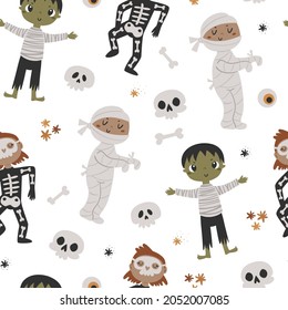 Halloween seamless pattern with kids in costumes. Pattern for scrapbooking, wallpaper, children's and children's clothing.