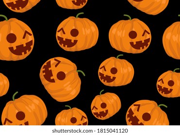 Patrón ininterrumpido de Halloween para los niños. Patrón de halloween dibujado por mano para los niños. Patrón de Halloween con calabazas anaranjadas aisladas en fondo negro.