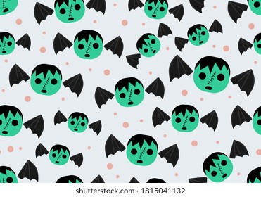 Halloween seamless pattern for kids. Hand drawn halloween pattern for children. Halloween pattern with cute green bats isolated on white background.