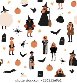 Patrón sin fisuras de Halloween, niños y mascotas en papel digital de disfraces, fondo de cara de calabaza, imagen de vector de gatitos Ghost, papel de libro de chispas de brujas, festival de octubre, imágenes de estilo plano.