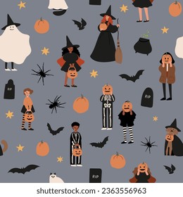 Patrón sin fisuras de Halloween, niños y mascotas en papel digital de disfraces, fondo de cara de calabaza, imagen de vector de gatitos Ghost, papel de libro de chispas de brujas, festival de octubre, imágenes de estilo plano.