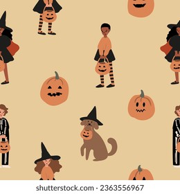 Halloween seamless pattern, Kids and pets in costumes digital paper, Pumpkin face background, Ghost cat dog vector illustration clipart, witch scrapbook paper, October festival, flat style images.