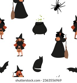 Halloween seamless pattern, Kids and pets in costumes digital paper, Pumpkin face background, Ghost cat dog vector illustration clipart, witch scrapbook paper, October festival, flat style images.