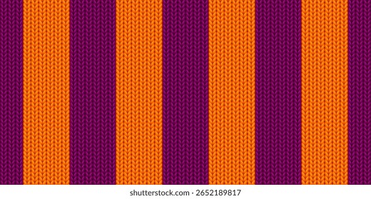 Halloween seamless pattern with knitting texture. Abstract bg with orange and purple crochet wool stripes. Cute knitting sweater pattern for Halloween, vector illustration