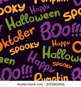 Halloween Nahtloses Buchstabenmuster auf schwarzem Hintergrund. Funny Colorful Cartoon Illustration Digital Paper. Spooky Holiday Texture Perfekt für die Innendekoration, Geschenkverpackung und Textilien. Vektorkunst