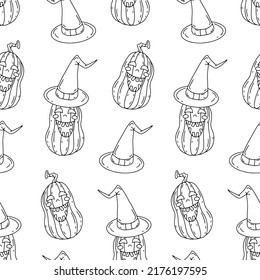 Halloween seamless pattern with line art cartoon smiling pumkins on a white background