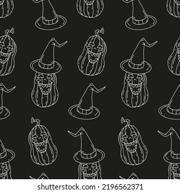 Halloween seamless pattern with line art cartoon smiling pumkins on a black background