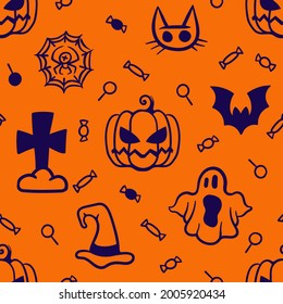 halloween seamless pattern. linear silhouettes on an orange background. vector.