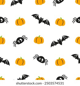 Halloween seamless pattern with little pumpkins, bat and spiders on white background. Orderly seamless pattern for fabric, paper, textile, card design