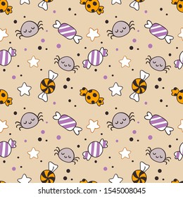 Halloween seamless pattern with little spiders, candies, stars and dots on cream-coloured background