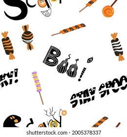 Halloween seamless pattern. Lollipops, candy, pumpkin, doodles, lettering Scary