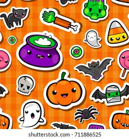 Halloween seamless pattern in lovely kawaii style, vector illustration