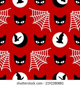 Halloween seamless pattern made up of cats, bats and web. Gothic holiday endless pattern for printing on package, wrapper, envelopes, cards, clothes or accessories. Autumn seasonal wallpaper or cover.