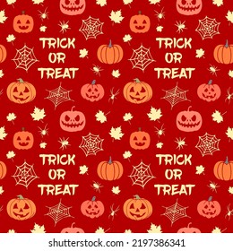 Halloween seamless pattern made up many spiders, cobweb, maple leaves, pumpkins and text Trick or Treat. Holiday endless repeating texture for printing on package, wrapper, envelopes, cards or cloth.