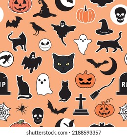 Halloween seamless pattern made up of pumpkins, crows, bats, cats, graves, ghosts, hats and broom. Holiday pattern for printing on package, wrappers, envelopes, cards, clothes or accessories.