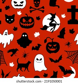 Halloween seamless pattern made up of pumpkins, bats, cats, ghosts, maple leaves, witch, grave and scull. Holiday pattern for printing on package, wrappers, envelopes, cards, clothes or accessories.