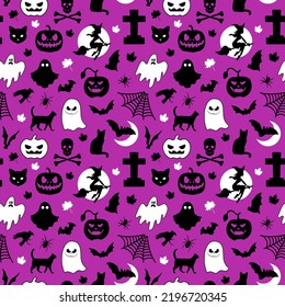 Halloween seamless pattern made up of pumpkins, bats, cats, ghosts, maple leaves, witch, grave and scull. Holiday pattern for printing on package, wrappers, envelopes, cards, clothes or accessories.