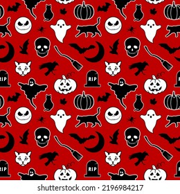 Halloween seamless pattern made up of pumpkins, crows, bats, cats, graves, skulls, ghosts and brooms. Holiday endless texture for printing on package, wrapper, envelopes, cards, clothes or accessories