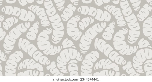 Halloween seamless pattern with maggots or worms for holiday design monochrome background. Wallpaper with scary insect larvae for october party banner, poster or postcard