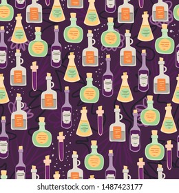 Halloween seamless pattern with magic cartoon bottles with poisons and potions. Hand drawn background for textile, fabric, wallpaper etc. Stock vector