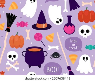 Halloween seamless pattern. Magic halloween cartoon illustration on a purple background. Witch cauldron, broom, hat, pumpkin, ghost, spider, potion, candy, skull. Design for wrapping paper, textile.