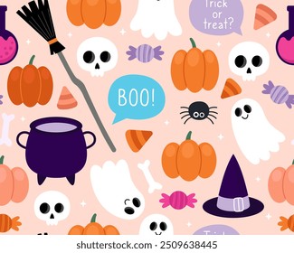 Halloween seamless pattern. Magic halloween cartoon illustration on a pink background. Witch cauldron, broom, hat, pumpkin, ghost, spider, potion. Design for wrapping paper, textile.