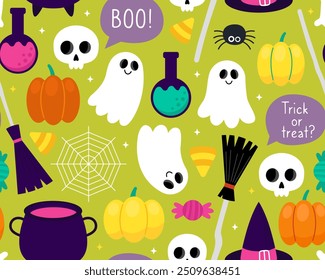 Halloween seamless pattern. Magic halloween cartoon illustration on a green background. Witch cauldron, broom, hat, pumpkin, ghost, spider, potion, web, skull. Design for wrapping paper, textile.