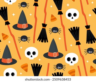 Patrón sin fisuras de Halloween. Ilustración mágica de dibujos animados de halloween sobre un fondo naranja. Sombrero de bruja y escoba, cráneo, araña, caramelo de maíz. Diseño para papel de regalo, textil.