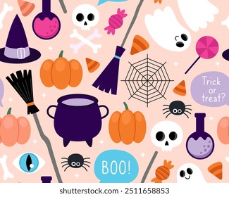 Halloween seamless pattern. Magic halloween cartoon illustration on a pink background. Witch cauldron, broom, hat, pumpkin, ghost, spider, web, potion, eyes, candy. Design for wrapping paper, textile.