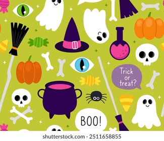 Halloween seamless pattern. Magic halloween cartoon illustration on a green background. Witch cauldron, broom, hat, pumpkin, ghost, spider, potion, candy, skull. Design for wrapping paper, textile.