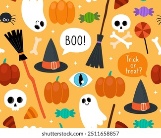 Halloween seamless pattern. Magic halloween cartoon illustration on an orange background. Witch hat, broom, pumpkin, ghost, spider, potion, candy, bones, eyes. Design for wrapping paper, textile.