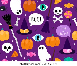 Halloween seamless pattern. Magic halloween cartoon illustration on a dark purple background. Witch hat, broom, pumpkin, ghost, spider, potion, candy, bones, eyes. Design for wrapping paper, textile.