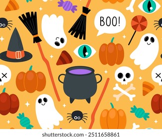 Halloween seamless pattern. Magic halloween cartoon illustration on an orange background. Witch hat, cauldron, broom, pumpkin, ghost, spider, potion, candy, eyes. Design for wrapping paper, textile.