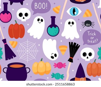 Halloween seamless pattern. Magic halloween cartoon illustration on a purple background. Witch cauldron, broom, hat, pumpkin, ghost, spider, potion, web, skull. Design for wrapping paper, textile.