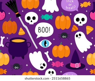 Halloween seamless pattern. Magic halloween cartoon illustration on a dark purple background. Witch cauldron, broom, hat, pumpkin, ghost, spider, potion, eyes. Design for wrapping paper, textile.