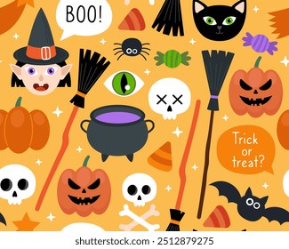 Halloween seamless pattern. Magic halloween cartoon illustration on an orange background. Witch, cauldron, broom, cat, pumpkins, skull, bat, candies. Funny design for wrapping paper, textile.