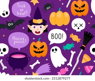 Halloween seamless pattern. Magic halloween cartoon illustration on a dark purple background. Witch, cauldron, broom, ghost, pumpkins, jack-o-lantern, bat, skeleton. Funny design for wrapping paper.