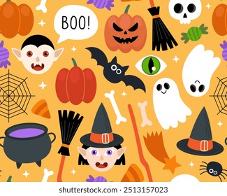 Halloween seamless pattern. Magic halloween cartoon illustration on an orange background. Witch, vampire, ghost, bat, jack-o-lantern, pumpkins, cauldron, hat, candies. Funny design for wrapping paper.