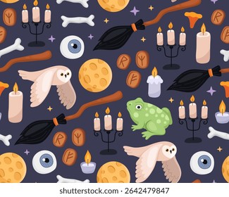 Halloween seamless pattern. Magic halloween cartoon illustration on a dark gray background. Witch's broom, owl, frog, candles, moon, runes, bones, eyes. Design for wrapping paper, print.