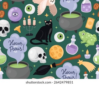 Halloween seamless pattern. Magic halloween cartoon illustration on a dark green background. Witch's cauldron, broom, skull, black cat, owl, frog, candles, potion. Design for wrapping paper, print.
