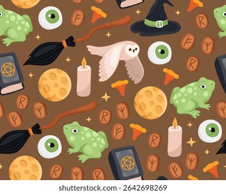 Halloween seamless pattern. Magic halloween cartoon illustration on a brown background. Witch's broom, hat, owl, frog, candles, moon, runes, eyes. Design for wrapping paper, print.