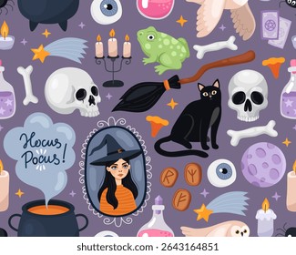 Halloween seamless pattern. Magic halloween cartoon illustration on a dark gray background. Witch, cauldron, broom, skull, black cat, owl, frog, candles, moon. Design for wrapping paper, print.