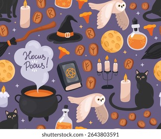 Halloween seamless pattern. Magic halloween cartoon illustration on a dark blue background. Witch's broom, hat, owl, book, cauldron, cat, candles, moon, runes. Design for wrapping paper, print.