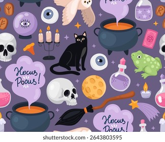 Halloween seamless pattern. Magic halloween cartoon illustration on a dark background. Witch's broom, cauldron, black cat, skull, owl, frog. Design for wrapping paper, print.