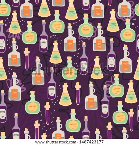 Halloween seamless pattern with magic cartoon bottles with poisons and potions. Hand drawn background for textile, fabric, wallpaper etc. Stock vector