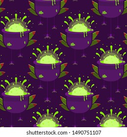 Halloween seamless pattern. Magic cauldron with poison and spiders on web. Dark purple, green colors.