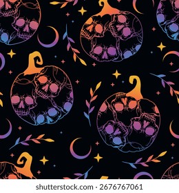 Halloween seamless pattern with magic elements: skulls, leaves, pumpkins, crescents and stars. Gradient colors. Vector design for wrapping papers and cards