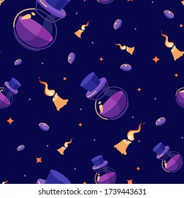 Halloween seamless pattern with magic flasks, candles and gems. Witch flasks with candles. Witch seamless pattern