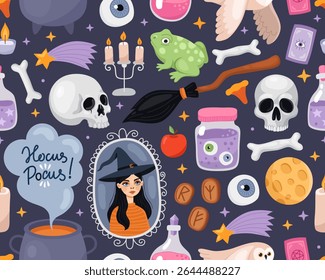 Halloween seamless pattern. Magic halloween illustration on a dark gray background. Witch, cauldron, broom, skull, owl, frog, candles, moon, potion. Design for wrapping paper, print.